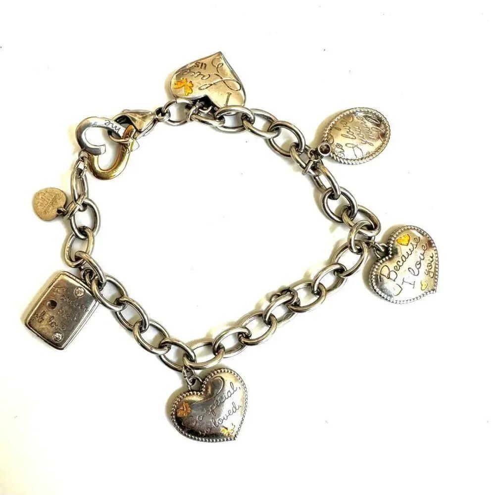 Silver and gold tone heart love charm bracelet